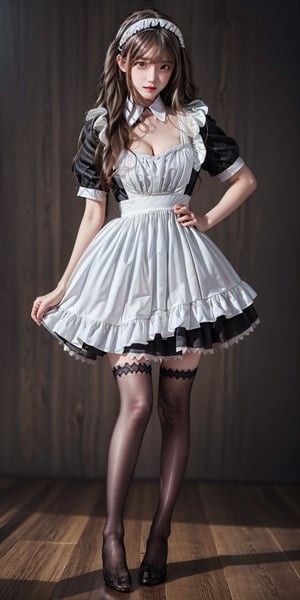 Best Quality, Masterpiece, Ultra HD, (Photorealistic: 1.4), RAW Photo, Blurred Background, Full Body Shot, Baby Face, (Teen: 1.5), 1girl, Solo, clad in a ((stocking)), cleavage cutout, edgy and alluring aesthetic, slender legs, ((intricately designed thighhighs)), black high-heel, Maid_Dress, restaurant background, Maid_Dress, maid attire, standing, straight up, maid attire