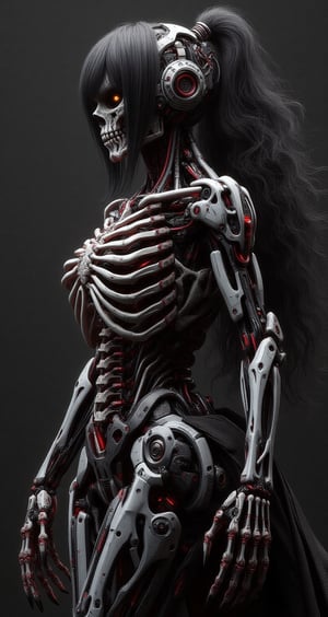 cyborg girl fusion of human and skeletal machinery.  black hair and gold eyes. Pale skin contrasting with dark mechanical parts. Body partially covered in intricate bone-like structures and cybernetic enhancements. Skull motifs integrated into design. Long, claw-like fingers and sharp bone protrusions along arms and back. Ribcage visible, merging with technological components. Lower body features a mix of human legs and skeletal machine parts. Tattered black clothing partially covering body. Eerie, otherworldly aura. Pose emphasizing the melding of organic and mechanical elements. Dark background with subtle tech interface elements. Hyperdetailed textures of bone, metal, and circuitry. Color scheme primarily black, white, and grey with occasional red accents.,LinzExoboneRobot,Skeleton,Wukong