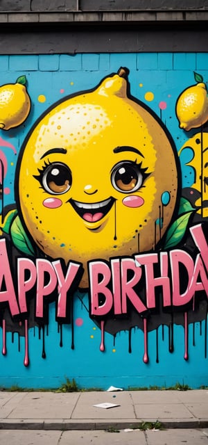 A graffiti wall with (the text "HAPPY BIRTHDAY to LEMON":1.7) written in bold letters with spray tint, inspired by Banksy,  miraculous,  aerosol art,  (triadic colors:1.2),comic book,masterpiece,Text,graffitiXL