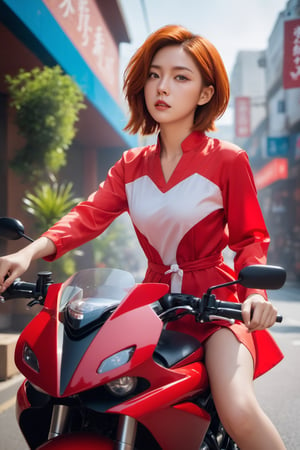 (4k), ( masterpiece), (highest quality), (extremely complex), (realistic focus), (cinematic lighting), (extremely detailed),
Photo Implementation: 1.37, Masterpiece, Top Quality, Primary Color Photography, Ridiculous Martial Arts, Uhd, 1 Girl, Shortcut Hair, Red Hair, Viewer, a girl in her 20s riding a speed motorcycle in the city. She's wearing a glossy chested showlift dress S,
,Hack Tech, AI_Misaki, and Aodai Future