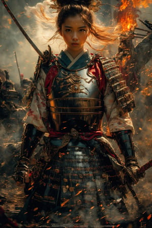 physically-based rendering, portrait, ultra-fine painting, extreme detail description, Akira Kurosawa's movie-style poster features a full-body shot of a 15-year-old young beauty girl, embodying the samurai spirit of Japan's Warring States Period, An enigmatic female samurai warrior, clad in ornate armor , This striking depiction, seemingly bursting with unspoken power, illustrates a fierce and formidable female warrior in the midst of battle. The image, likely a detailed painting, showcases the intensity of the female samurai's gaze and the intricate craftsmanship of his armor. Each intricately depicted detail mesmerizes the viewer, immersing them in the extraordinary skill and artistry captured in this remarkable 