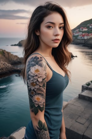  masterpiece of photorealism, photorealistic highly detailed 8k photography, best hyperrealistic quality, volumetric lighting and shadows, young woman in fullsleevetattoo stattoo, perm gray, Coastal Villages at Dawn, Time-Lapse of Flowers Blooming