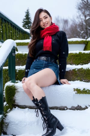 (Best quality, 8k, 32k, Masterpiece, UHD:1.2),Photo of Pretty  woman, stunning, 1girl, (medium dark brown ponytail), double eyelid, natural medium-large breasts, slender legs, tall body, soft curves, skin pores, white coat, knit dress shirt, checkered skirt, red scarf, snow heeled boot, sitting on stairs on shrine, snowy shrine, heavy snow on shrine, fashion model posing, unforgettable beauty, look at viewer, sexy smile, closed to up, lifelike rendering, detailed facial features, detailed real skin texture, detailed details, play snowboard, snow hill 
