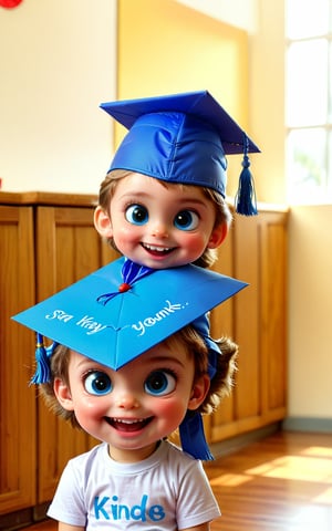 kindergarten graduation card, happy face 3 kids wear blue graduation hat, say thank you to teaher