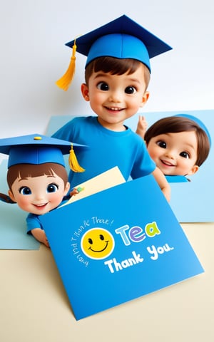 kindergarten graduation card, happy face 3 kids wear blue graduation hat, say thank you to teaher