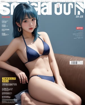3 girls, looking at viewer, thigh up body, blue hairstyle, detailed clothes, side-tie-bikini, earings, blush, sliver background,, ultra detailed, best quality, sharp focus, kmiu,kmiu,masterpiece, Magazine Cover