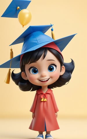 kindergarten graduation card, happy face 1 kid 5 years old girl, 120cm tall, wear blue graduation hat, black hair, thank you to teacher, full body