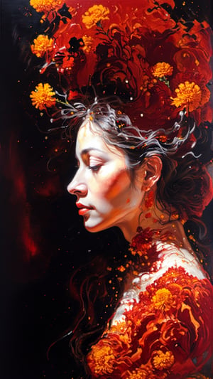 (Fluid art), ultra-detailed, masterpiece, a painting portrait of a woman , side profile, marigold , red theme , aesthetic, dreamy,detailmaster2