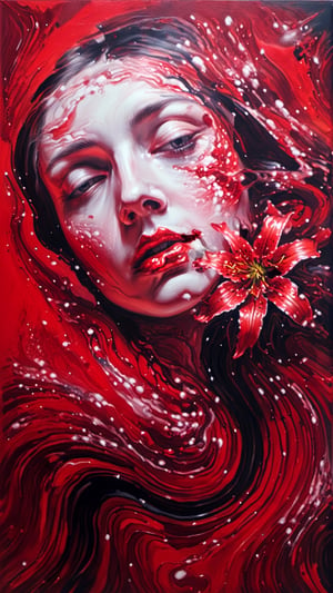 (Fluid art), ultra-detailed, masterpiece, a painting portrait of a woman , lily, red theme , aesthetic, dreamy,detailmaster2