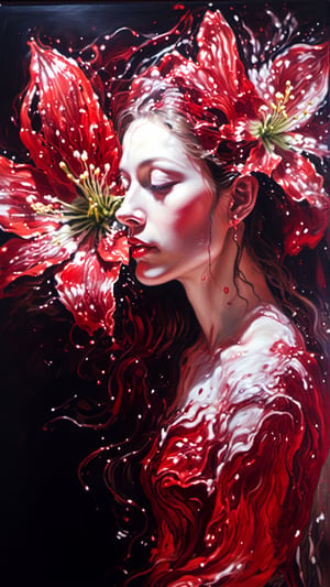 (Fluid art), ultra-detailed, masterpiece, a painting portrait of a woman , side profile, lily, red theme , aesthetic, dreamy,detailmaster2