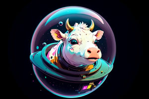 Extreme Long Shot, Epic and cinematic, cow in a bubble helmet floating in space, cosmic, surreal, professional, award-winning