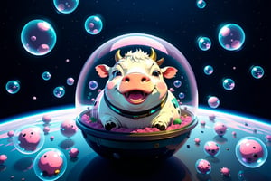 Epic and cinematic, many cows in a bubble helmet floating in space, cosmic, surreal, professional, award-winning