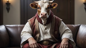 (best quality, 8k, 32K UHD, highres, masterpiece:2.1), ultra-detailed, hyper-realistic,A cow dressed in arabic cloth(( thobe and shemagh and egal)) is sitting on the leather sofa, thumbsup, gentell smile, sinematic light