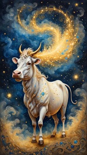 whimsical illustration of a magical night in an astral card, painted on old wrinkled paper, one of it's kind, surrealism, pointillism, golden and sapphire, pearlescent glow, glowy smoke, billowing smoke, dynamic strokes, art by MSchiffer, Extreme Wide/Long Shot, a beautiful cow in middle with full body with dynamic strokes