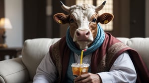 (best quality, 8k, 32K UHD, highres, masterpiece:1.2), ultra-detailed, hyper-realistic,A cow dressed in arabic cloth(( thobe and shemagh and egal)) is sitting on the sofa and drinking soda with a straw, close-up,gentell smile, sinematic light