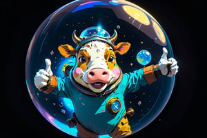 Epic and cinematic, a cow in a bubble helmet, one hand with thumbsup pose, floating in space, cosmic, surreal, professional, award-winning, space trip, by Van Gogh