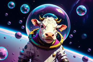 Epic and cinematic, many cows, a cow in a bubble helmet floating in space, cosmic, surreal, professional, award-winning, space trip