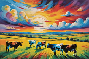 Extreme Wide/Long Shot, few small cows on field. Pablo Picasso style painting. land and sky 1:2, beautiful sky, and multi-color clouds