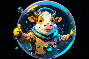 Epic and cinematic, a cow in a bubble helmet, one hand with thumbsup pose, floating in space, cosmic, surreal, professional, award-winning, space trip, by Van Gogh