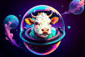 Epic and cinematic, cow in a bubble helmet floating in space, cosmic, surreal, professional, award-winning, colorful, muti-colors, universe background