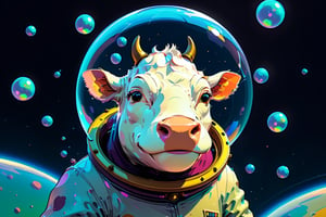 Epic and cinematic, many cows, a cow in a bubble helmet floating in space, cosmic, surreal, professional, award-winning, space trip, by Van Gogh