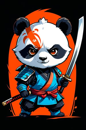 A determined chibi samurai or ninja panda, with a katana drawn or any other samurai or ninja weapons, ready to take on any challenge. Rendered in an anime style, with a dynamic pose and a bright color scheme. Perfect for a t-shirt design. black background