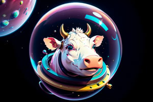 Extreme Long Shot, Epic and cinematic, cow in a bubble helmet floating in space, cosmic, surreal, professional, award-winning