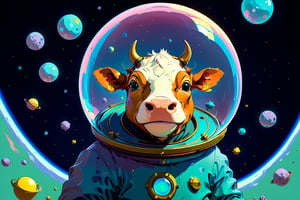 Epic and cinematic, many cows, a cow in a bubble helmet floating in space, cosmic, surreal, professional, award-winning, space trip, by Van Gogh