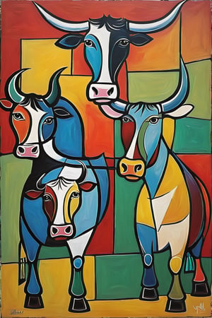 bulls. Pablo Picasso style painting.