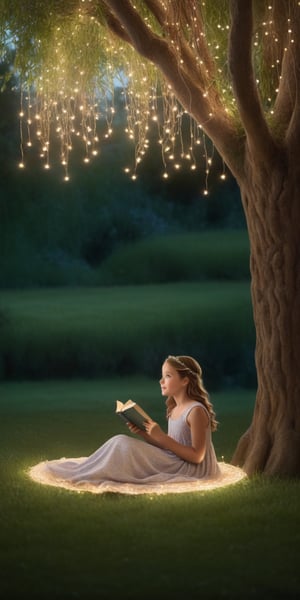 1girl, full body, high detailed, ultra realistic, sharp focus, Sitting under a willow tree adorned with twinkling fairy lights, a girl in a sundress reads a fairytale aloud to a group of children. Their faces glow in the light, captivated by her storytelling as fireflies flit through the leaves, weaving magic into the night air, dynamic pose, Movie Still,Movie Still,Extremely Realistic