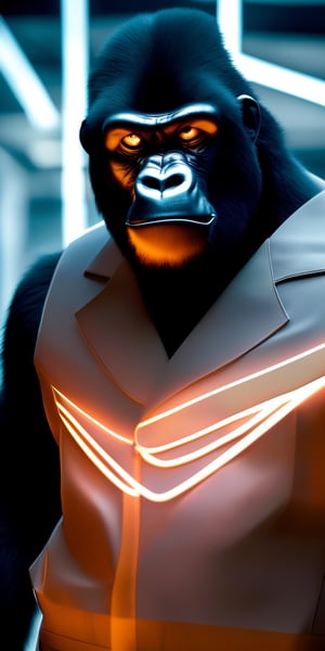 The cyberpunk-style gorilla in a white coat is a striking fusion of nature and technology. The gorilla's powerful physique is accentuated by sleek, metallic cybernetic enhancements embedded throughout its body. Its white coat, reminiscent of a lab technician's attire, contrasts with the cybernetic implants and glowing neon circuits that adorn its form. A visor with augmented reality displays covers its eyes, enhancing its vision and providing vital information in real-time. Despite its imposing presence, there's an air of intelligence and sophistication about the cybernetically enhanced gorilla as it navigates its futuristic environment with ease, perhaps serving as a symbol of the advancements of science and technology in a cyberpunk world.,Cyberpunk Doctor