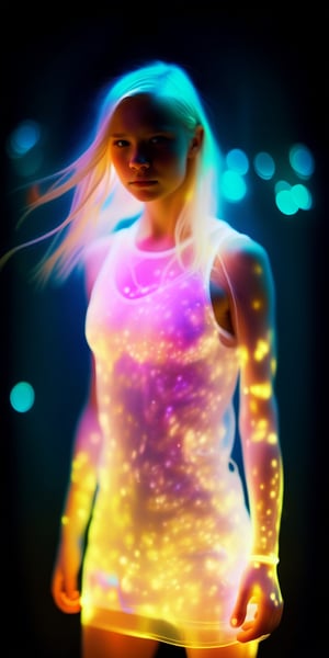 Blond girl, (((ghostly creature:1.5))), (((translucent:1.5))), Mschiffer's art, neon lights RBG, (light particles), bright white, colorful, RBG colors, strong backlit, bokeh,