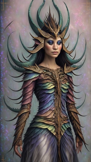 A mystical being, born of the union between a dragon and an elf,Dragon inspired dress,extraordinary creature exhibits both draconic and elven features, blending the elegance of the elves with the majestic presence of dragons. Its scales might shimmer with ethereal colors, and its pointed ears showcase the elven heritage. This hybrid being represents the harmonious fusion of two fantastical worlds, embodying a unique and captivating presence, dragonx2,photorealistic,dragonx2