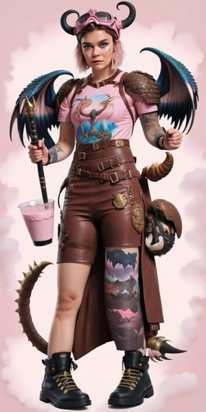 A mystical being, full body, symmetric, 1girl, solo, big breasts, fit, leather combat boots, born of the union between a dragon and a milk cow, Dragon inspired dress mix with dispotian style, scales, horns, wings, tail, goggles, pink cloud background,Extremely Realistic,aw0k euphoric style