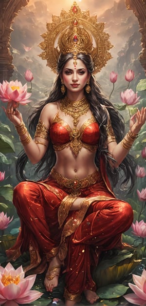 (extremely detailed 8k wallpaper), a medium full body photo of goddess laxmi,intricate, highly detailed, dramatic, four hands, meditating,wearing red saree,sitting on a huge lotus flower