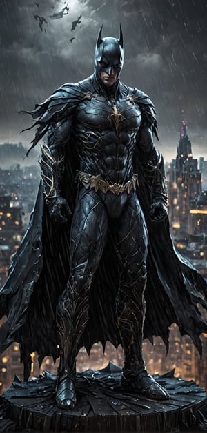 (extremely detailed 8k wallpaper), a medium full body photo of Batman intricate, highly detailed, dramatic, in bat suit, standing on top of a building, rainy night, lightning flashing