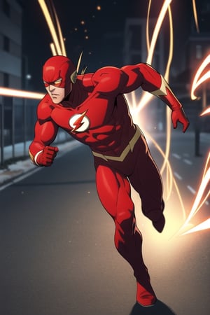 1 male, flash, in the flash suit,running through west city,light muscular, abs,red suit,red gloves