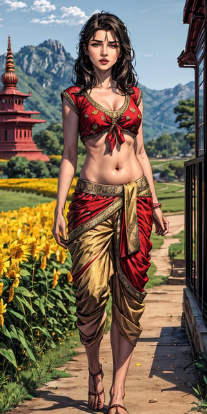 hindu_girl with indian saree , indian_temples , wearing_red_tight dhoti , detailed_background , 32k , 8k , masterpiece , high_resolution , beautiful , black_long_hairs ,girl wearing indian dhoti ,knee length,short dhoti, red_theme ,dhoti , belly exposed,  , sexy pose,standing in a haunted house,flower field, perfect fingers ,wearing a k0715ar33