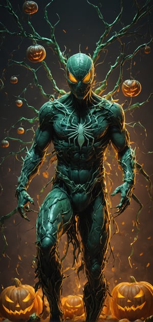 (extremely detailed 8k wallpaper), a medium full body photo of jack o lantern of spider man,intricate, highly detailed, dramatic, in green and blue costume, head made of pumpkin,head on fire,pumpkin bombs in hand,laughing madly