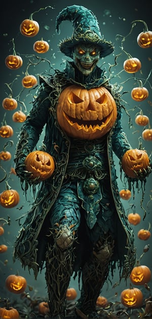 (extremely detailed 8k wallpaper), a medium full body photo of jack o lantern ,intricate, highly detailed, dramatic, in green and blue costume, head made of pumpkin,head on fire,pumpkin bombs in hand,laughing madly