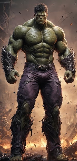 (extremely detailed 8k wallpaper), a medium full body photo of hulk,intricate, highly detailed, dramatic, in tattered purple pants,heavily muscular,huge height,causing rampage