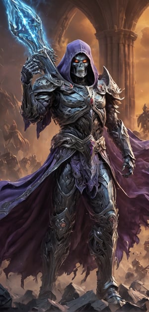 (extremely detailed 8k wallpaper), a medium full body photo of skeletor of masters of the universe,intricate, highly detailed, dramatic, in  skeletor armour,charging into battle