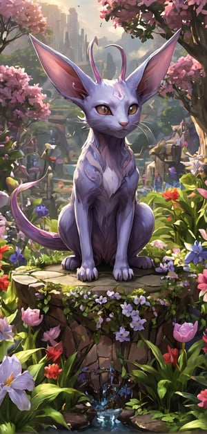 (extremely detailed 8k wallpaper), a medium full body photo of espeon of pokemon,intricate, highly detailed, dramatic, sitting in a garden,Espeon_(Pokemon)