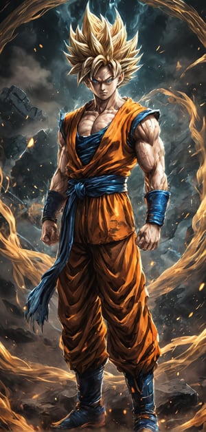 (extremely detailed 8k wallpaper), a medium full body photo of goku , intricate, highly detailed, dramatic,  in goku's attire, super saiyan form