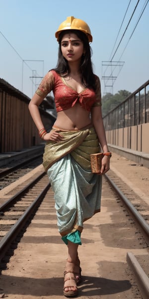 a hot attractive Indian young women working on railways tracks carrying bricks on her head like many other working in construction of railway tracks. she is wearing tight knee length dhoti, as she is carrying bricks

A striking image of a young Indian woman working on a railway track construction site, her dhoti is knee length and tightly draped and slipping as she carries bricks on her head. The scene captures the dusty environment of the site, with the woman's delicate features contrasting with the rugged setting. The sari’s vibrant colors stand out against the earthy tones of the construction site. The lighting is soft, with the sun filtering through a hazy sky, casting a golden hue over the scene. Created using: Leica M10, cinematic composition, soft sunlight, vibrant sari, high contrast, texture details, realistic dust effects, natural expression .

HD, 8K, Best Perspective, Best Lighting, Best Composition, Good Posture, High Resolution, High Quality, 4K Render, Highly Denoised, Clear distinction between object and body parts, Masterpiece, Beautiful face, 
Beautiful body, smooth skin, glistening skin, highly detailed background, highly detailed clothes, 
highly detailed face, beautiful eyes, beautiful lips, cute, beautiful scenery, gorgeous, beautiful clothes, best lighting, cinematic , great colors, great lighting, masterpiece, Good body posture, proper posture, correct hands, 
correct fingers, right number of fingers, clear image, face expression should be good, clear face expression, correct face , correct face expression, better hand position, realistic hand position, realistic leg position, no leg deformed, 
perfect posture of legs, beautiful legs, perfectly shaped leg, leg position is perfect, proper hand posture, no hand deformation, no weird palm angle, no unnatural palm posture, no fingers sticking to each other, clear different between fingers of the hand,
no deformed arm, better posture for arms, perfect arms, realistic arms, correct length of fingers, perfect length fingers, stunning look, use of fibonacci in the art, no unrealistic fingers, ankle of arms should be correct, 
ankle of hand shoud be correct, hand ankle should not be unrealistic, perfect hand ankle, good posture for hand ankle, smooth posture for hand ankle, size composition should be correct, size comparison between object and human should match real life,
perfect size composition,

 construction_site, railway_tracks, Indian_girl, sarri, sarree, loose_sarree, women carrying bricks on her head, 

