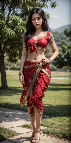 hindu_girl with indian saree , indian_temples , wearing_pink_tight dhoti , detailed_background , 32k , 8k , masterpiece , high_resolution , beautiful , black_long_hairs ,girl wearing indian dhoti ,knee length, red_theme ,dhoti , belly exposed,  , dancing, flower field, perfect fingers ,wearing a k0715ar33
