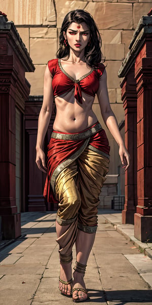 hindu_girl with indian saree , indian_temples , wearing_red_tight dhoti , detailed_background , 32k , 8k , masterpiece , high_resolution , beautiful , black_long_hairs ,girl wearing indian dhoti ,knee length,short dhoti, red_theme ,dhoti , belly exposed,  , sexy pose,standing in a haunted house, perfect fingers ,wearing a k0715ar33,looking scary and creepy,red eyes,lusty look