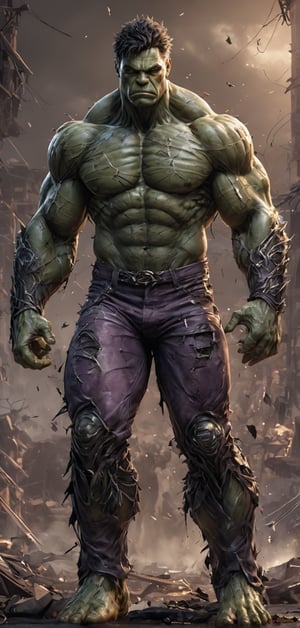 (extremely detailed 8k wallpaper), a medium full body photo of hulk,intricate, highly detailed, dramatic, in tattered purple pants,heavily muscular,huge height,causing rampage