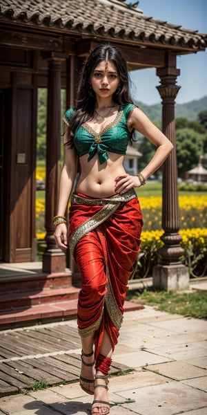 hindu_girl with indian saree , indian_temples , wearing_red_tight dhoti , detailed_background , 32k , 8k , masterpiece , high_resolution , beautiful , black_long_hairs ,girl wearing indian dhoti ,knee length,short dhoti, red_theme ,dhoti , belly exposed,  , sexy pose,standing in a haunted house,flower field, perfect fingers ,wearing a k0715ar33