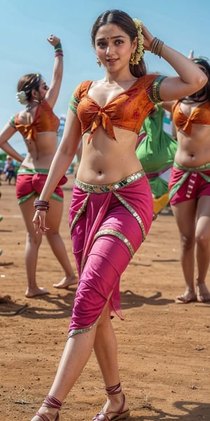 hindu_girl with indian saree , indian_temples , wearing_red_tight dhoti , detailed_background , 32k , 8k , masterpiece , high_resolution , beautiful , black_long_hairs ,girl wearing indian dhoti ,knee length, red_theme ,dhoti , belly exposed,  , dancing, flower field, perfect fingers ,wearing a k0715ar33